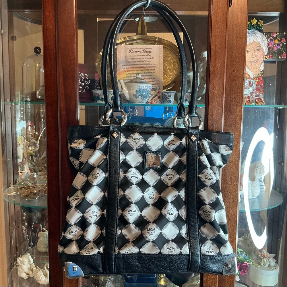 MCM Black and White Checkered Logo Tote Shoulder Bag purse